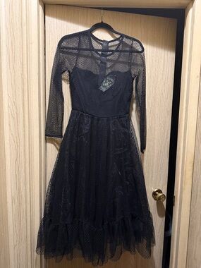 Weasel Wear Fishnet Black Mesh Long Sleeve Midi Dress